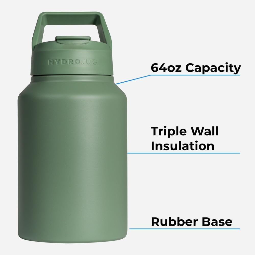 HydroJug Sport - Stainless Steel Tumbler with Straw, Vacuum Insulated, 64oz Leakproof Water Bottle, Ergonomic Design, Reusable, Dishwasher Safe, Rubber Base, Durable for Gym or Outdoors, Black