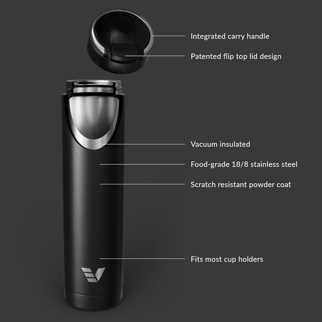 Super Maxi Stainless Steel Water Bottle 36oz - Double wall vacuum insulated | Integrated carry handle | leak proof flip top lid | Lightweight & stylish - Black