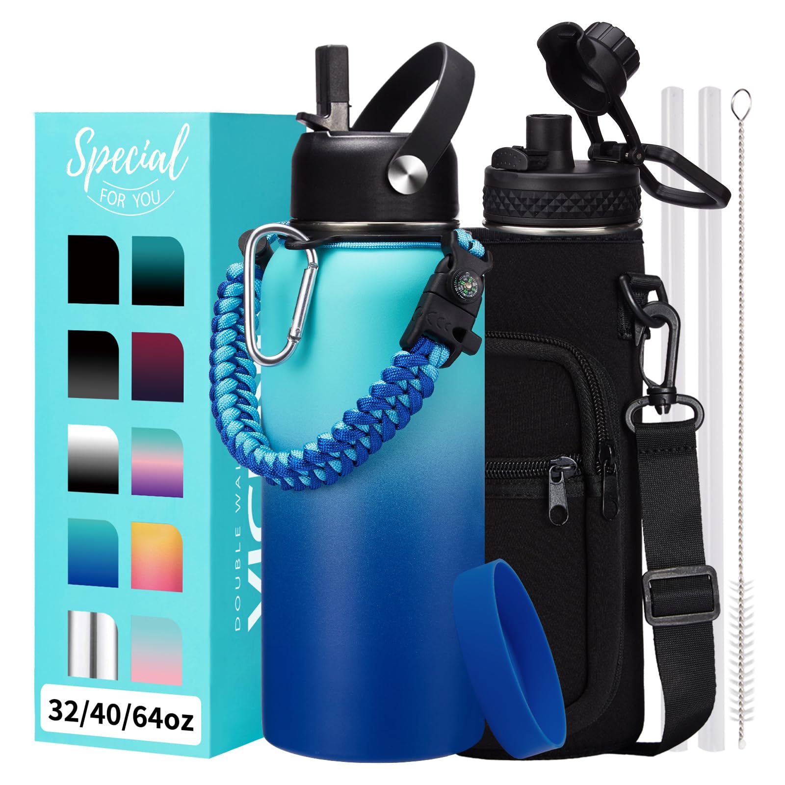1 Gallon Water Bottle with Straw - 128oz Stainless Steel Water Jug with Sleeve Carrier Bag, Auto Spout Lid, Paracord Handle, Large Insulated Water Bottles Gallon Water Jug, Metal Hydro Thermo Flask