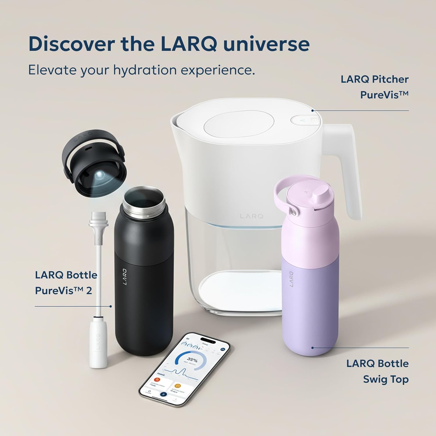 LARQ Bottle Movement PureVis 24 oz - Lightweight Self-Cleaning and Non-Insulated Stainless Steel Water Bottle with UV Water Purifier | Reusable & Travel Friendly, Black/Onyx