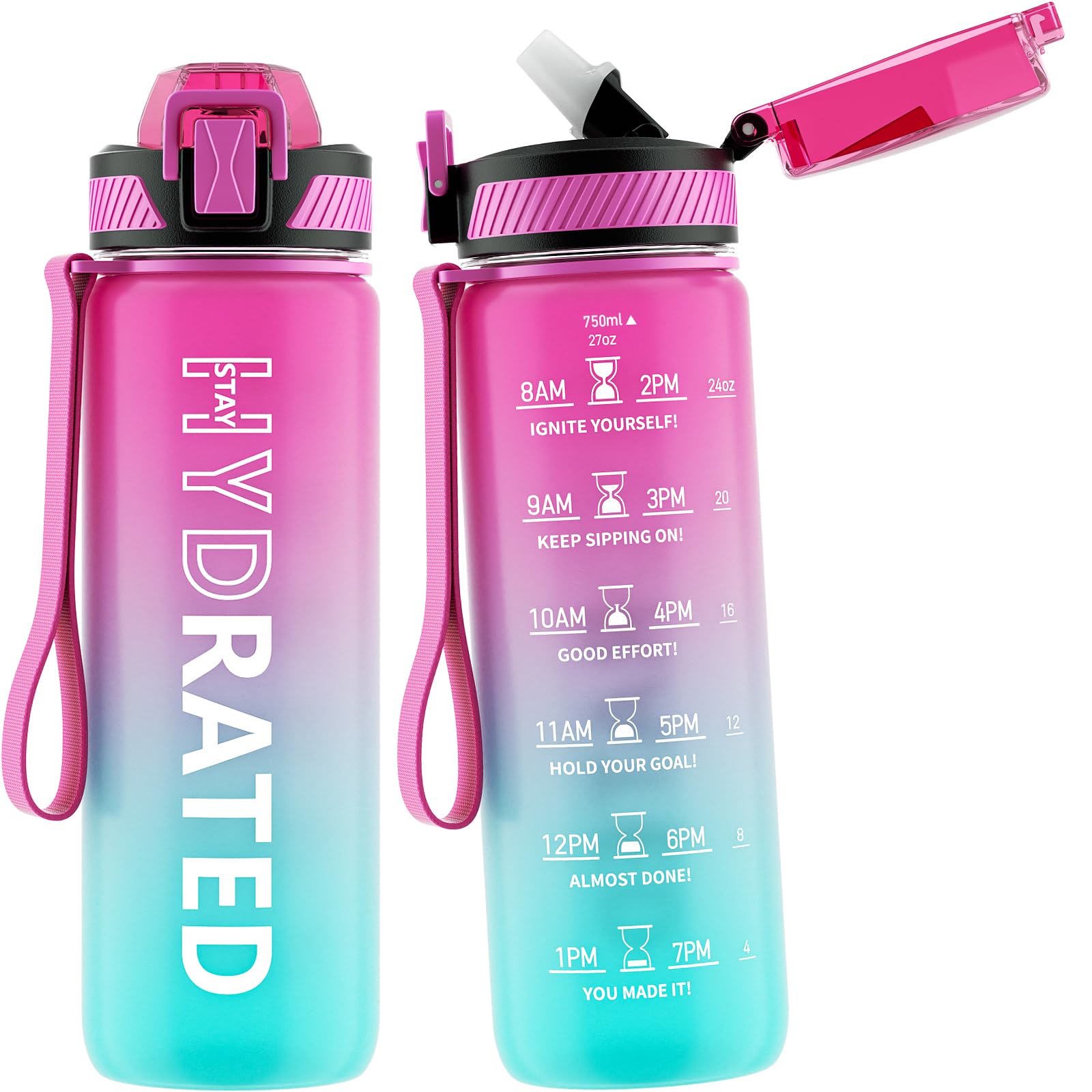 Water Bottle with Straw, 32oz Motivational Water Bottles with Time Marker to Drink, Tritan BPA Free, 1L Sports Water Bottle with Carry Strap LeakProof for Women Gym Fitness Outdoor (1 Pack)