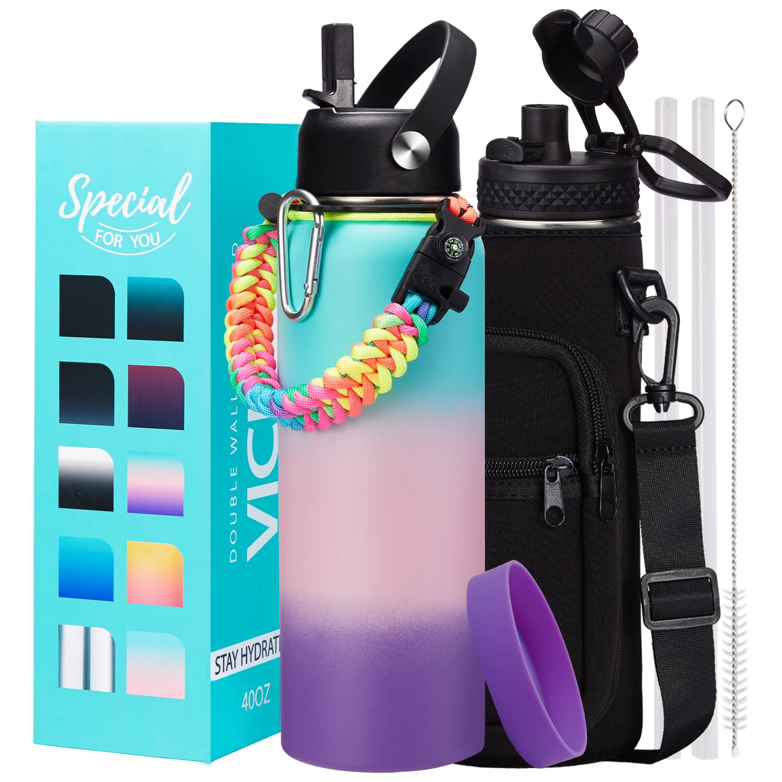 1 Gallon Water Bottle with Straw - 128oz Stainless Steel Water Jug with Sleeve Carrier Bag, Auto Spout Lid, Paracord Handle, Large Insulated Water Bottles Gallon Water Jug, Metal Hydro Thermo Flask