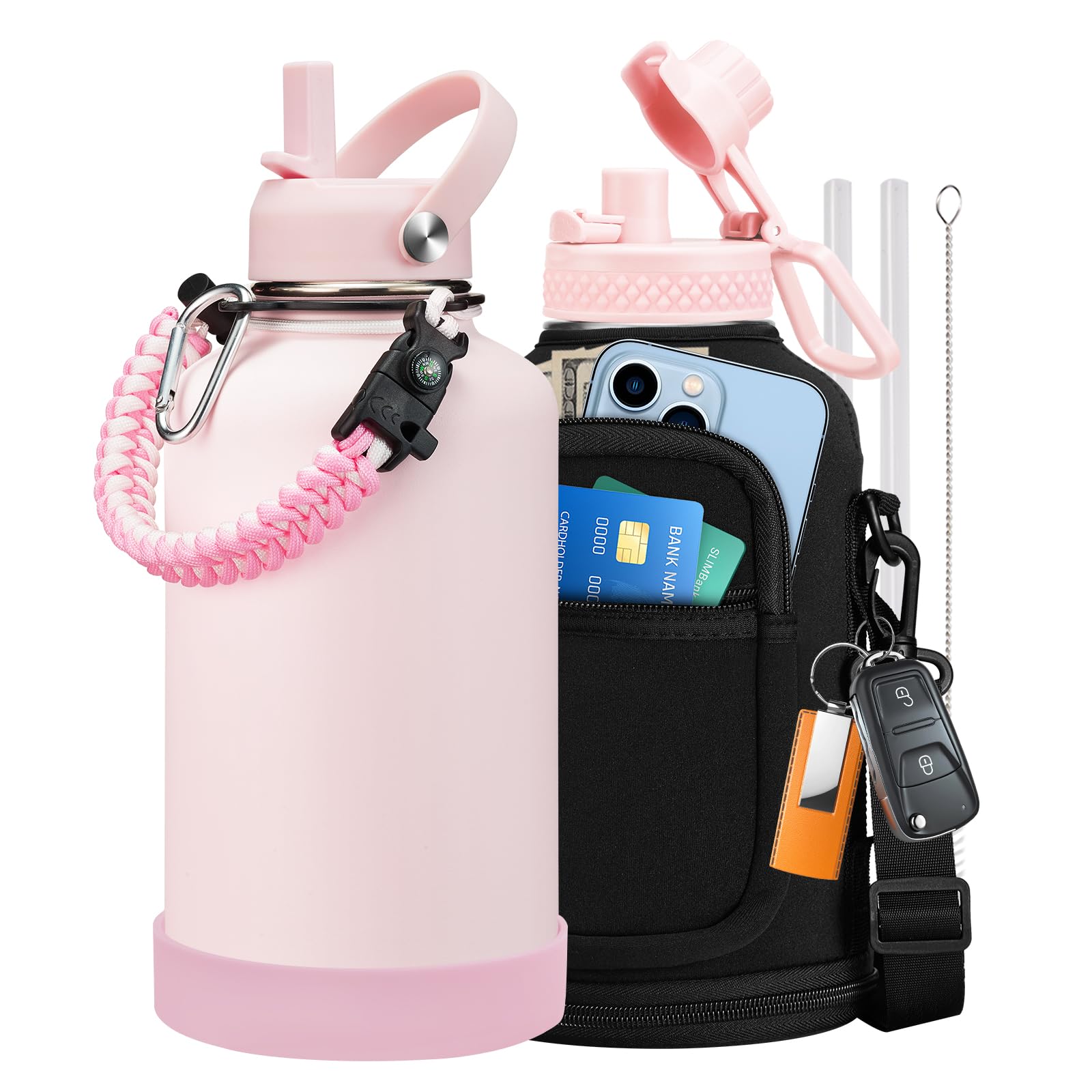 1 Gallon Water Bottle with Straw - 128oz Stainless Steel Water Jug with Sleeve Carrier Bag, Auto Spout Lid, Paracord Handle, Large Insulated Water Bottles Gallon Water Jug, Metal Hydro Thermo Flask