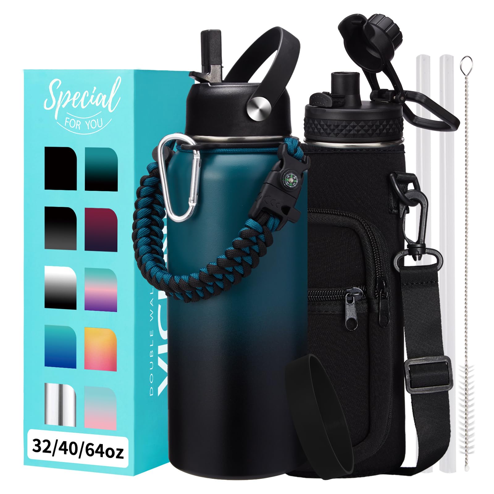 1 Gallon Water Bottle with Straw - 128oz Stainless Steel Water Jug with Sleeve Carrier Bag, Auto Spout Lid, Paracord Handle, Large Insulated Water Bottles Gallon Water Jug, Metal Hydro Thermo Flask