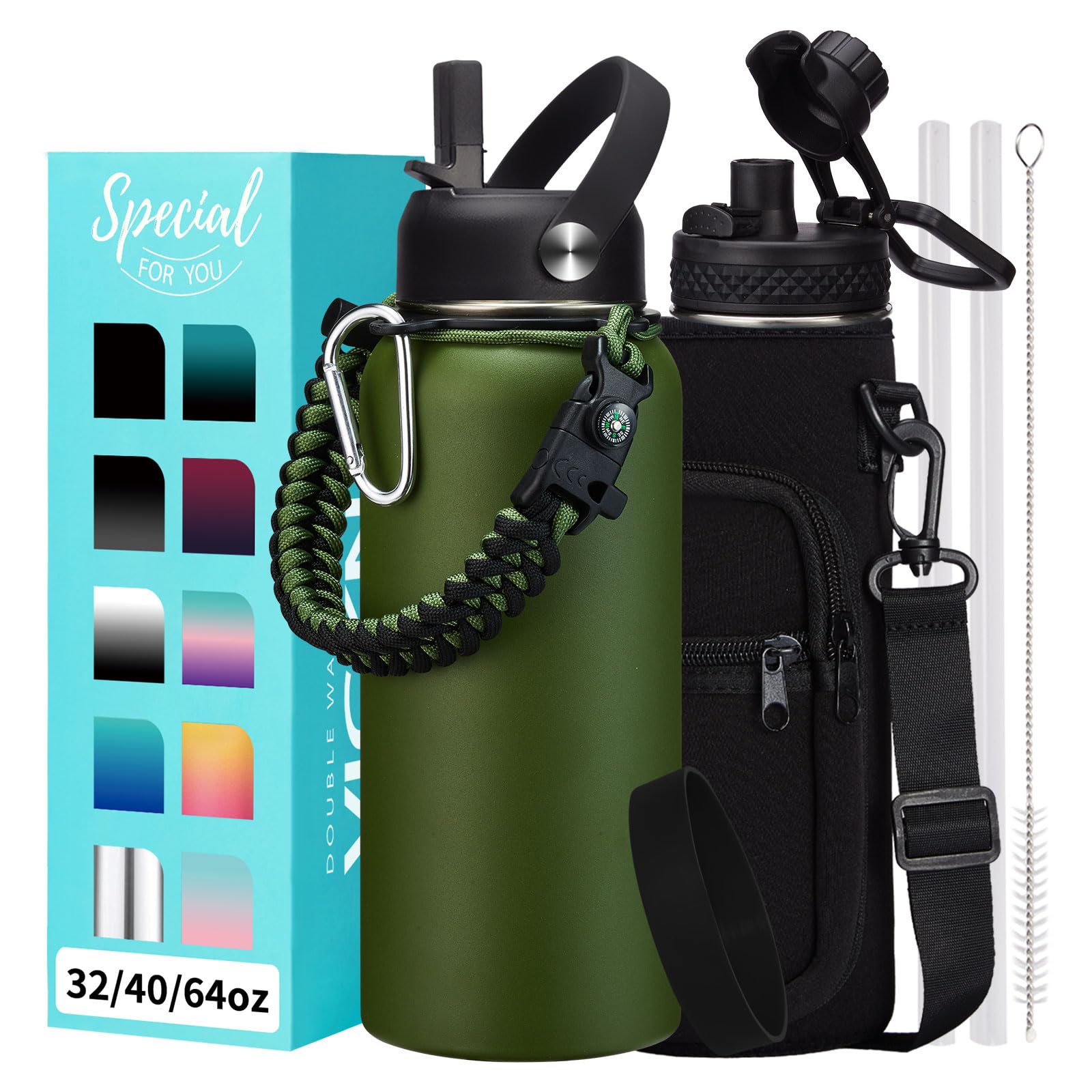 1 Gallon Water Bottle with Straw - 128oz Stainless Steel Water Jug with Sleeve Carrier Bag, Auto Spout Lid, Paracord Handle, Large Insulated Water Bottles Gallon Water Jug, Metal Hydro Thermo Flask