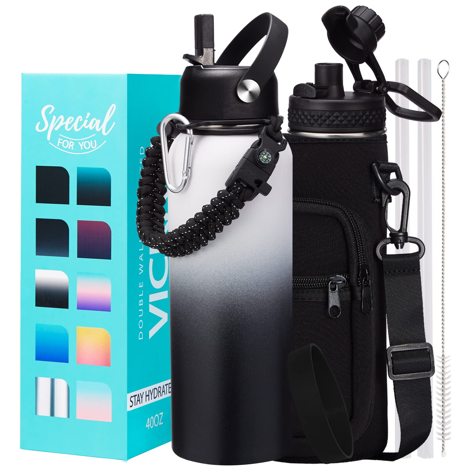 1 Gallon Water Bottle with Straw - 128oz Stainless Steel Water Jug with Sleeve Carrier Bag, Auto Spout Lid, Paracord Handle, Large Insulated Water Bottles Gallon Water Jug, Metal Hydro Thermo Flask