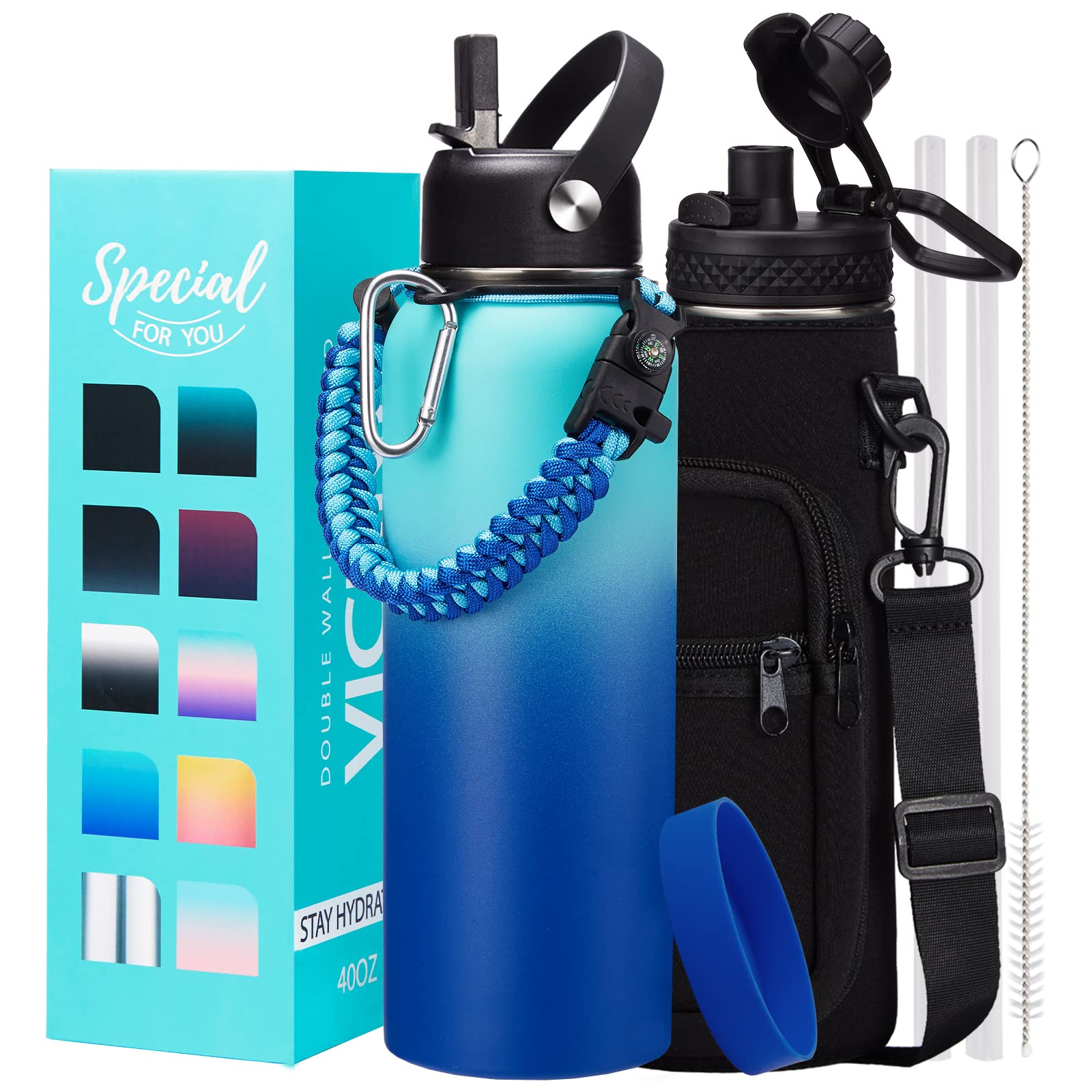 1 Gallon Water Bottle with Straw - 128oz Stainless Steel Water Jug with Sleeve Carrier Bag, Auto Spout Lid, Paracord Handle, Large Insulated Water Bottles Gallon Water Jug, Metal Hydro Thermo Flask