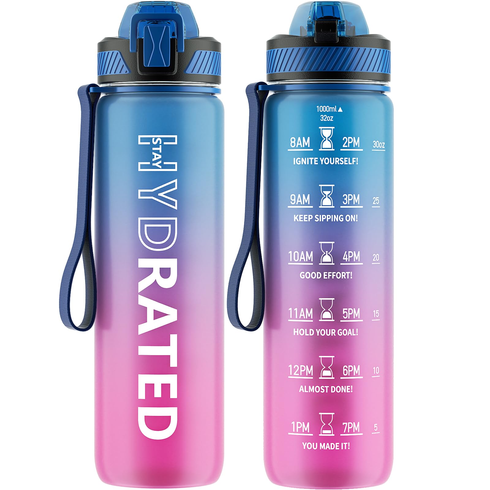 Water Bottle with Straw, 32oz Motivational Water Bottles with Time Marker to Drink, Tritan BPA Free, 1L Sports Water Bottle with Carry Strap LeakProof for Women Gym Fitness Outdoor (1 Pack)