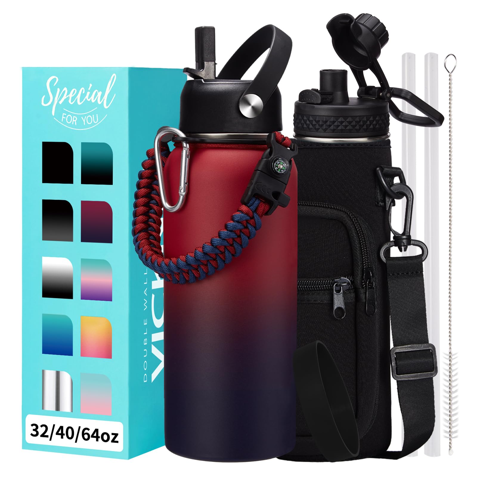 1 Gallon Water Bottle with Straw - 128oz Stainless Steel Water Jug with Sleeve Carrier Bag, Auto Spout Lid, Paracord Handle, Large Insulated Water Bottles Gallon Water Jug, Metal Hydro Thermo Flask