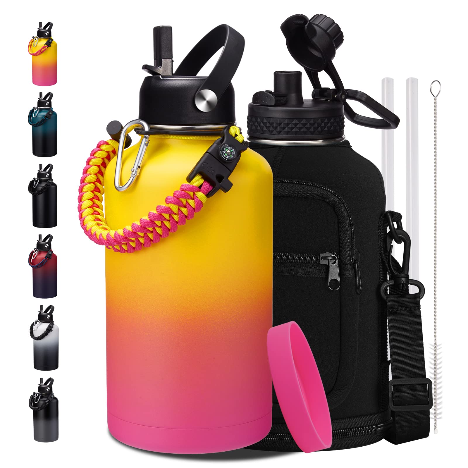 1 Gallon Water Bottle with Straw - 128oz Stainless Steel Water Jug with Sleeve Carrier Bag, Auto Spout Lid, Paracord Handle, Large Insulated Water Bottles Gallon Water Jug, Metal Hydro Thermo Flask