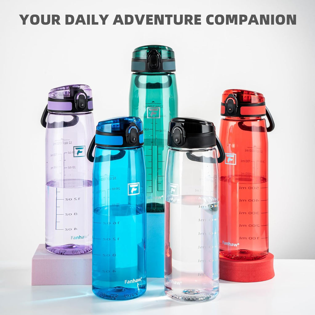 Fanhaw 32 oz Tritan Water Bottle with Chug Lid - Clear, BPA-Free, Lightweight, Wide Mouth, Leak-Proof, Perfect for Gym, Travel, School, Office, and Sports (Clear & Black)