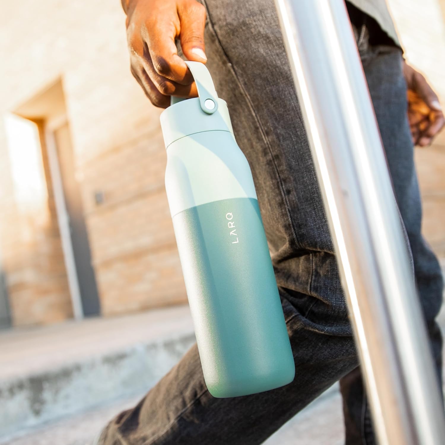 LARQ Twice as Nice Set Bottle Swig Top 34oz - Insulated Stainless Steel Water Bottle With Built-In Silicone Handle, Eucalyptus Green & Luberon Lavender