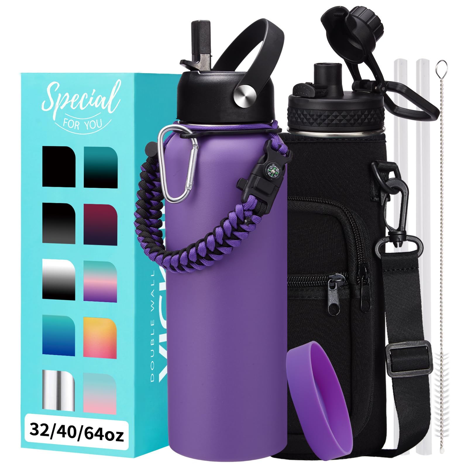 1 Gallon Water Bottle with Straw - 128oz Stainless Steel Water Jug with Sleeve Carrier Bag, Auto Spout Lid, Paracord Handle, Large Insulated Water Bottles Gallon Water Jug, Metal Hydro Thermo Flask