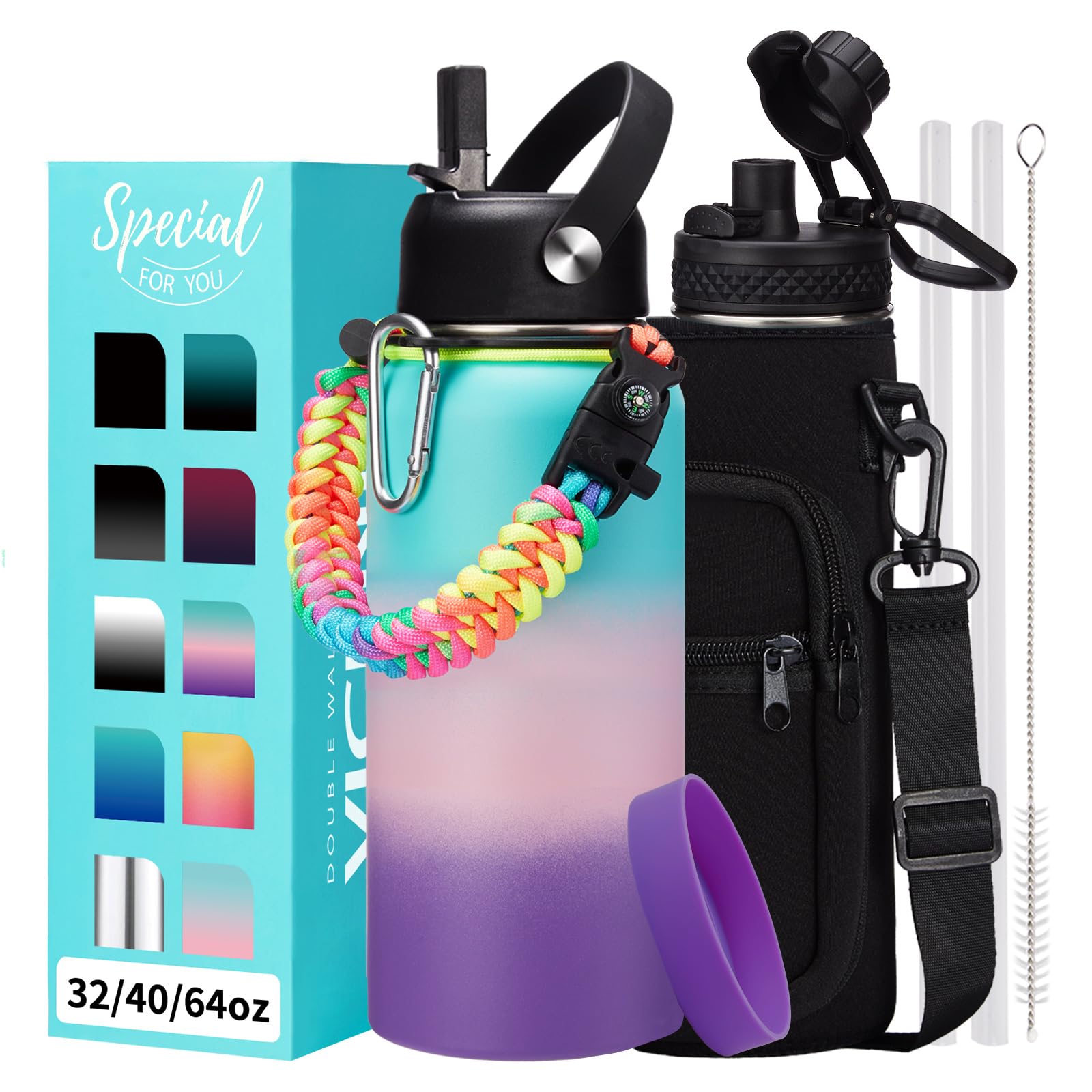 1 Gallon Water Bottle with Straw - 128oz Stainless Steel Water Jug with Sleeve Carrier Bag, Auto Spout Lid, Paracord Handle, Large Insulated Water Bottles Gallon Water Jug, Metal Hydro Thermo Flask