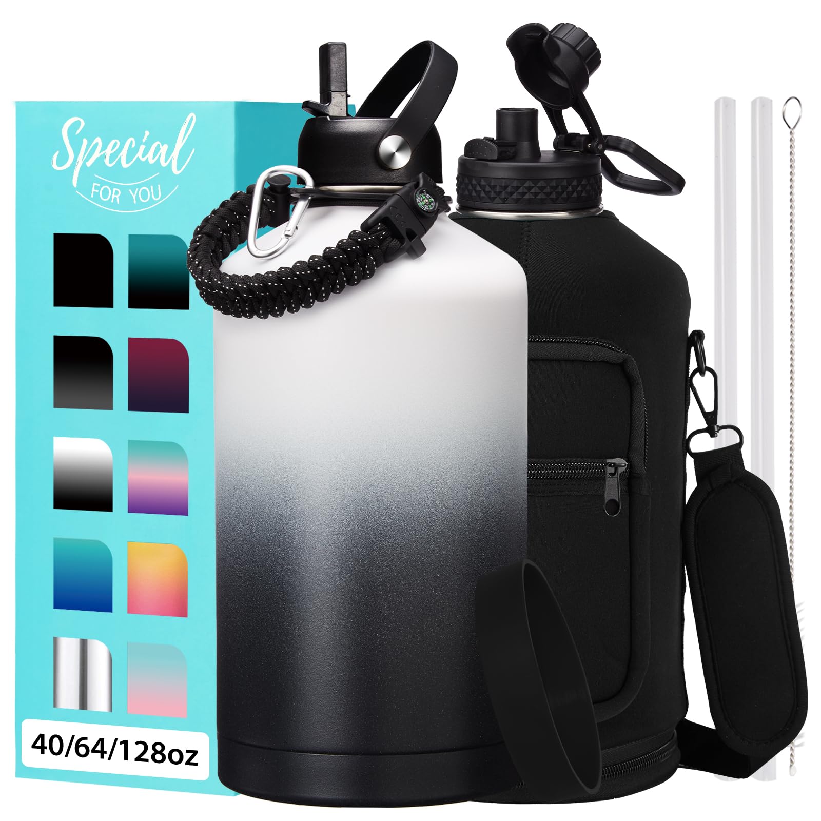 1 Gallon Water Bottle with Straw - 128oz Stainless Steel Water Jug with Sleeve Carrier Bag, Auto Spout Lid, Paracord Handle, Large Insulated Water Bottles Gallon Water Jug, Metal Hydro Thermo Flask