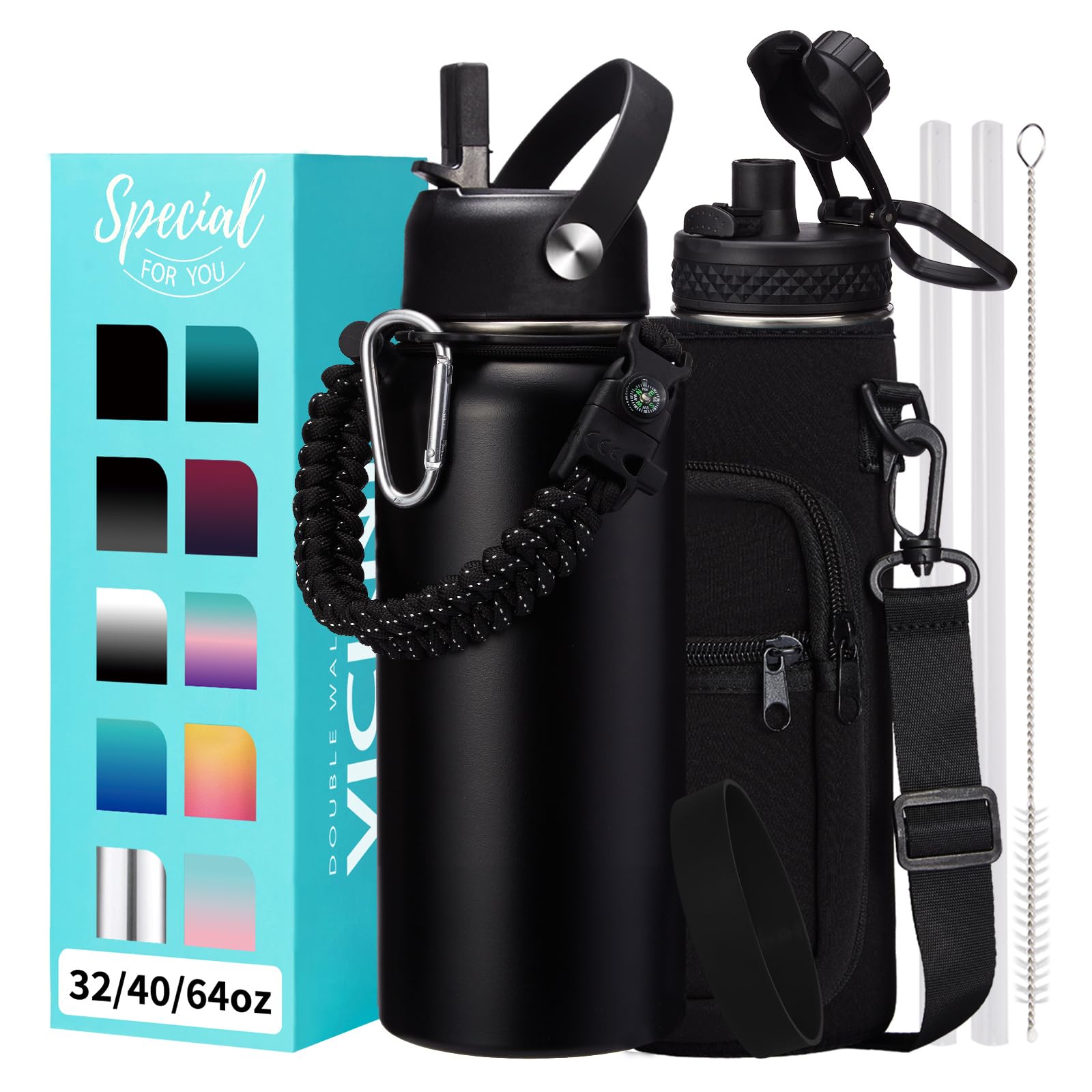 1 Gallon Water Bottle with Straw - 128oz Stainless Steel Water Jug with Sleeve Carrier Bag, Auto Spout Lid, Paracord Handle, Large Insulated Water Bottles Gallon Water Jug, Metal Hydro Thermo Flask