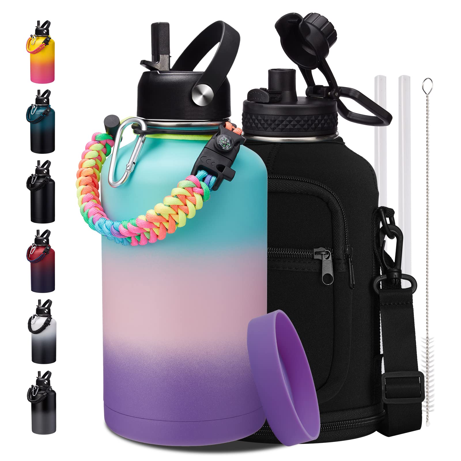1 Gallon Water Bottle with Straw - 128oz Stainless Steel Water Jug with Sleeve Carrier Bag, Auto Spout Lid, Paracord Handle, Large Insulated Water Bottles Gallon Water Jug, Metal Hydro Thermo Flask