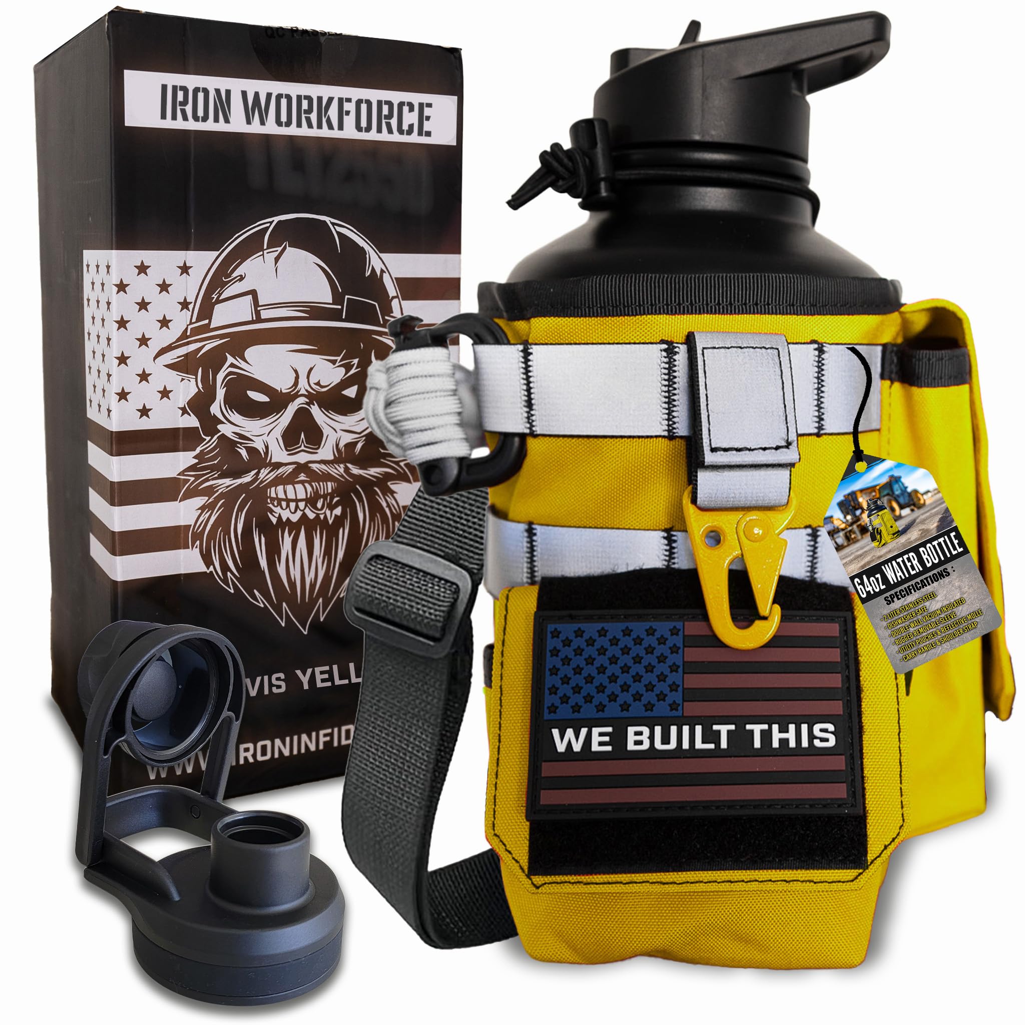 Iron Infidel Workforce Water Bottle - 64 oz Insulated Stainless Steel | Half Gallon Vacuum Water Jug | Paracord Handle, Removable Sleeve | Large Thermal Flask | Hiking, Camping, Workouts (Black)